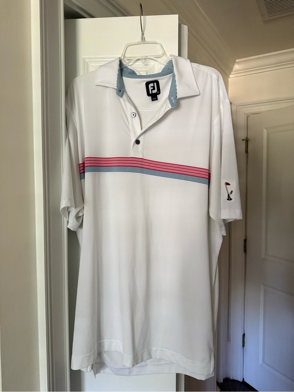 FootJoy White Polo with Pink and Blue Chest Stripe